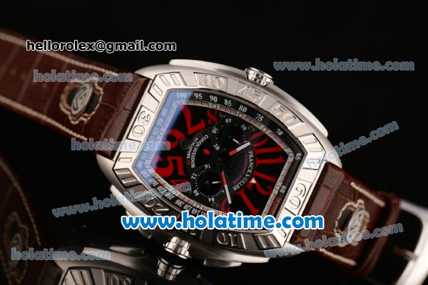 Franck Muller Conquistador Grand Prix Miyota OS20 Quartz Steel Case with Black Dial Red Markers and Brown Leather Bracelet - Click Image to Close